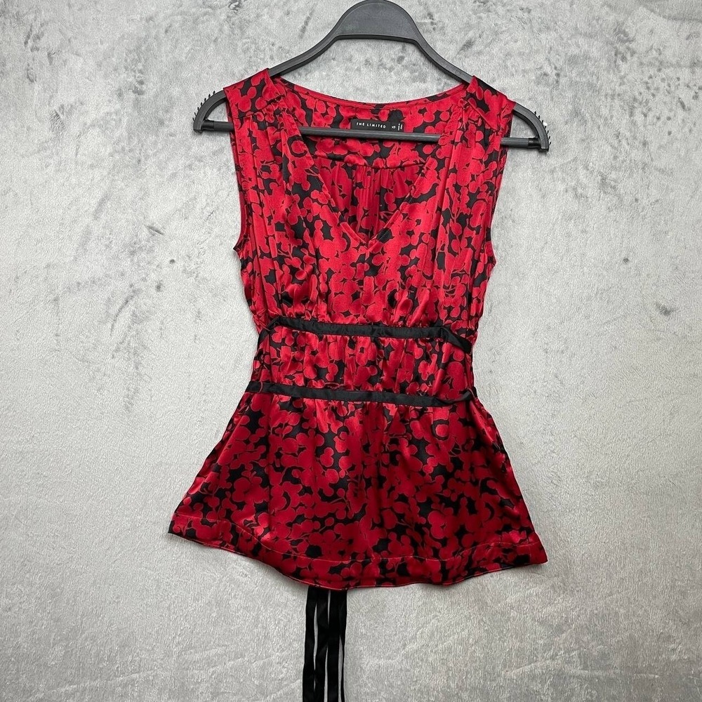 Vintage Y2K Silk Red Black Floral Babydoll Tank Top Tie Back‎ Goth Whimsigoth XS